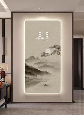 水墨山水玄关装饰画LED夜光电子时钟新中式正对门走廊过道挂画竖
