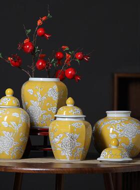 中式黄色青花陶瓷花瓶创意手绘水培插花花器复古桌面玄关摆件