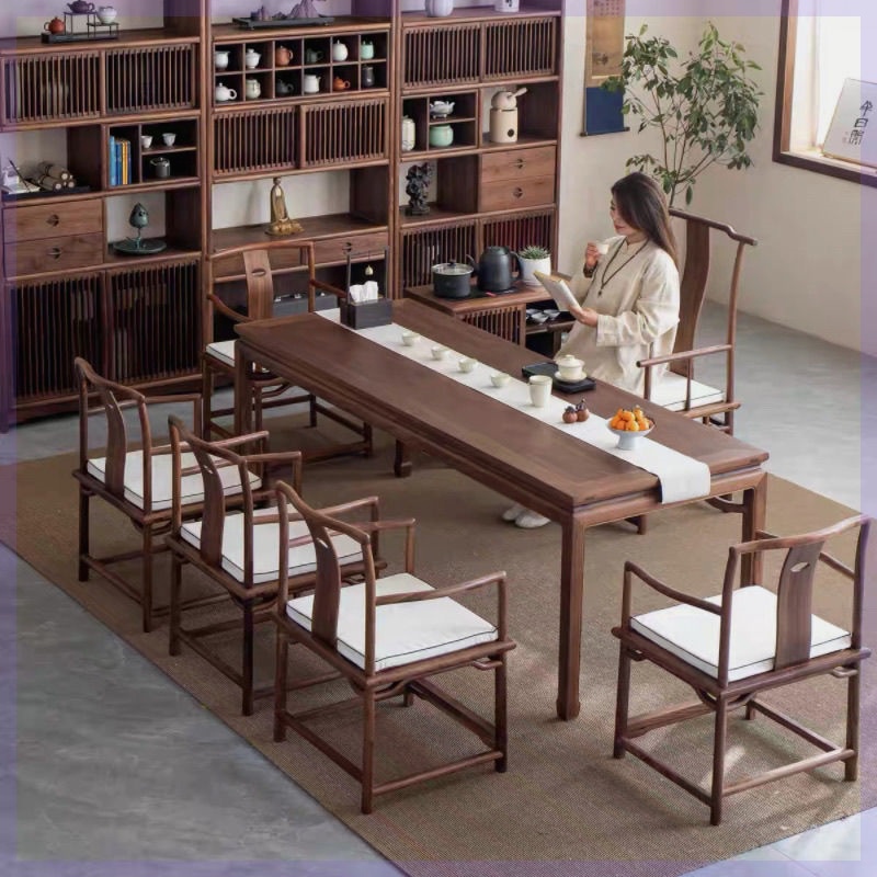 新中式茶桌椅组合老榆木实木茶台禅意功夫茶几家用茶室家具泡茶桌