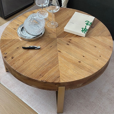 侘寂原木圆形茶几北欧复古边几铁艺客厅茶几中式茶桌民宿风桌子
