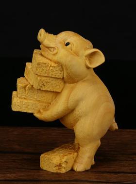 黄杨木雕创意动物小猪摆件把玩手把件文玩雕刻工艺品勤奋猪