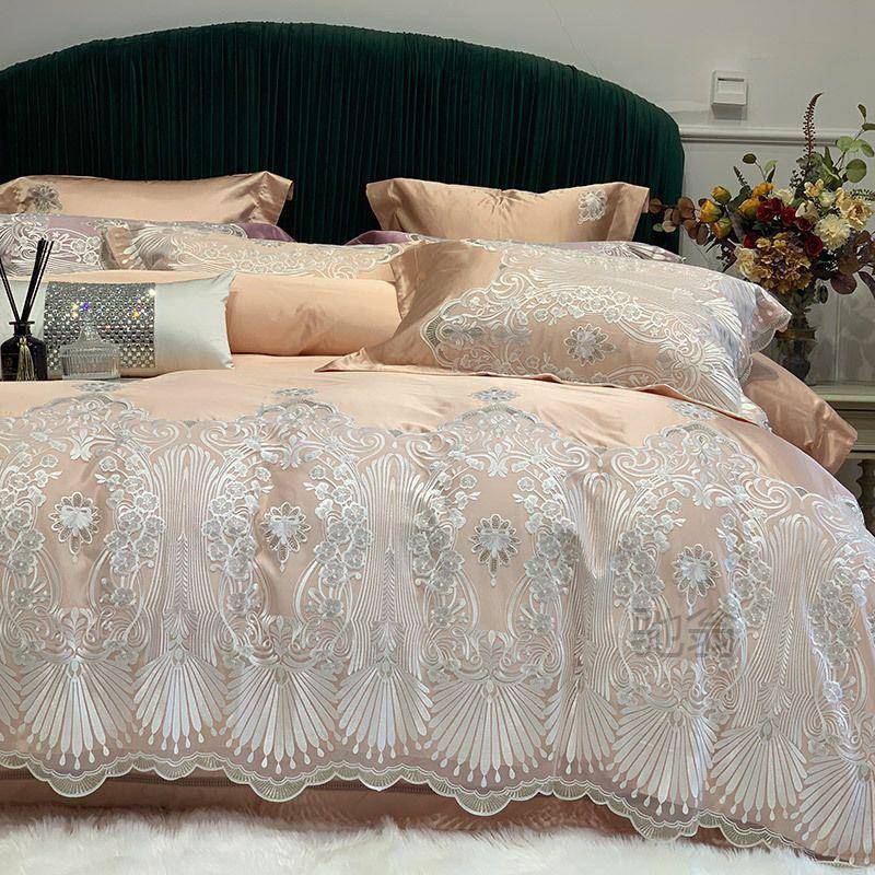 麓r欧式真丝棉蕾丝边四件套轻奢140支长绒棉纯棉被套床盖床上用品