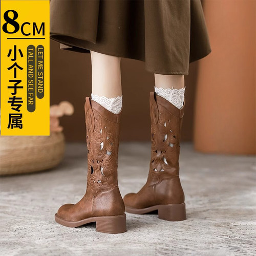 真皮复古棕色靴子女内增高镂空