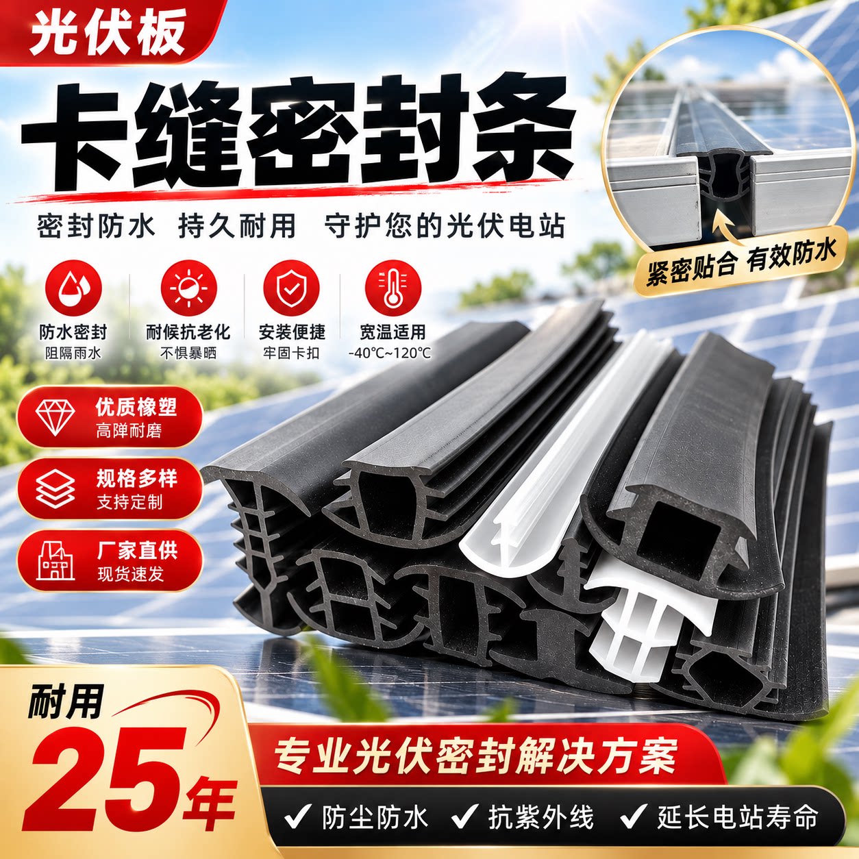 太阳能光伏板密封条防水槽密封条小D型填缝条T型光伏电板橡胶条图片
