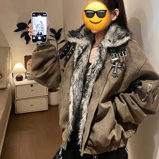 美式复古毛领座山雕棉服外套男女十字架加绒加厚夹克冬季新款棉衣