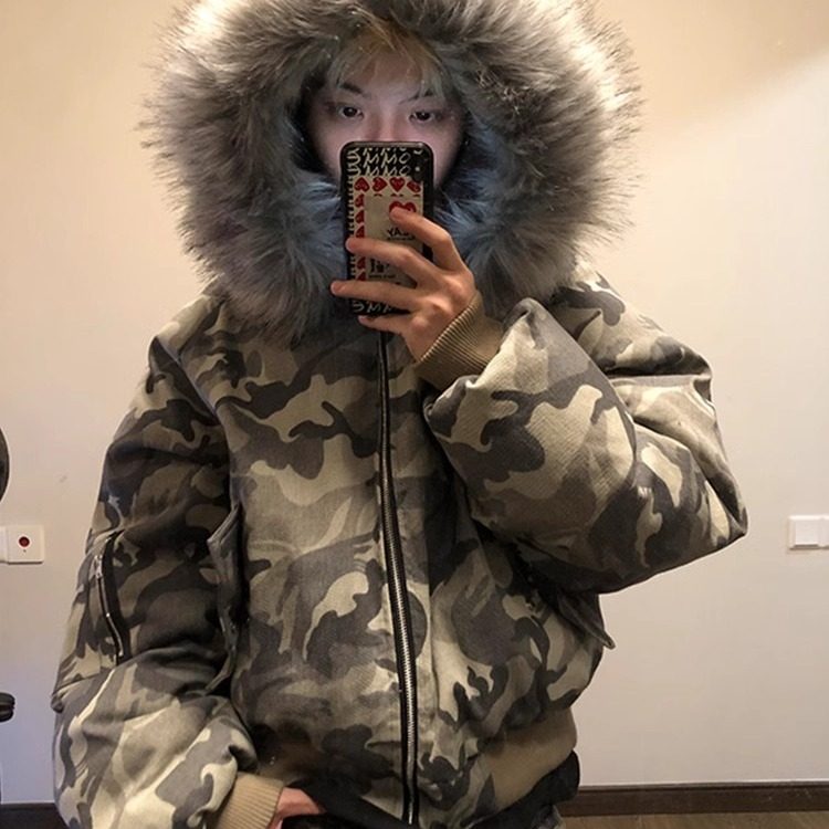 座山雕大毛领迷彩连帽棉服男款冬季水洗做旧bomber飞行员夹克外套