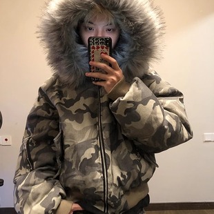 座山雕大毛领迷彩连帽棉服男款冬季水洗做旧bomber飞行员夹克外套