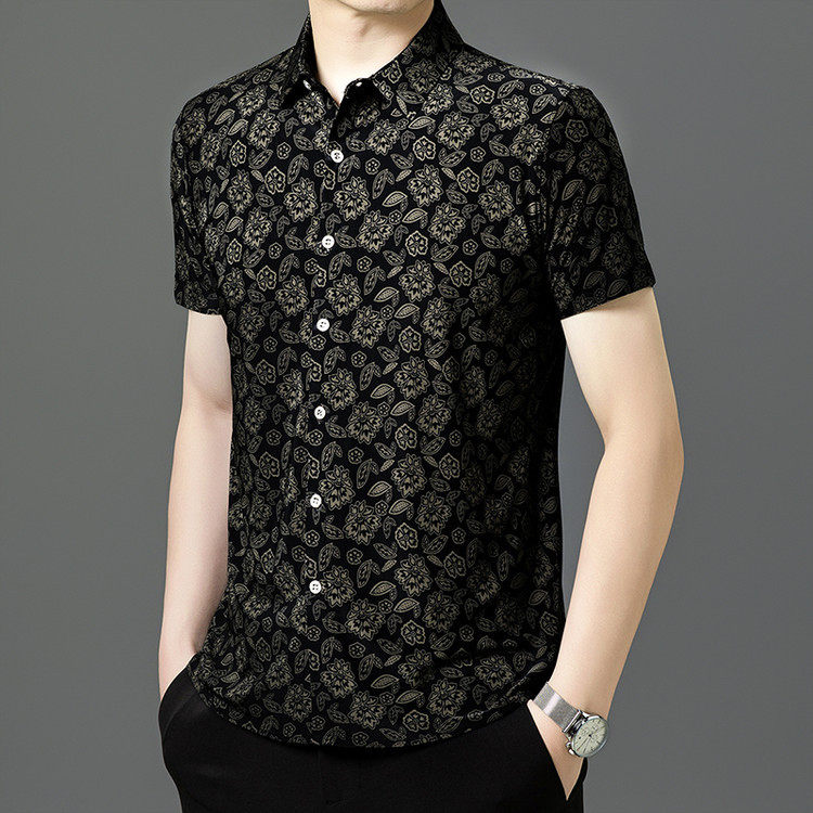 夏季新款冰丝男士短袖花衬衫中青年男衬衣高级感休闲免烫抗皱半袖