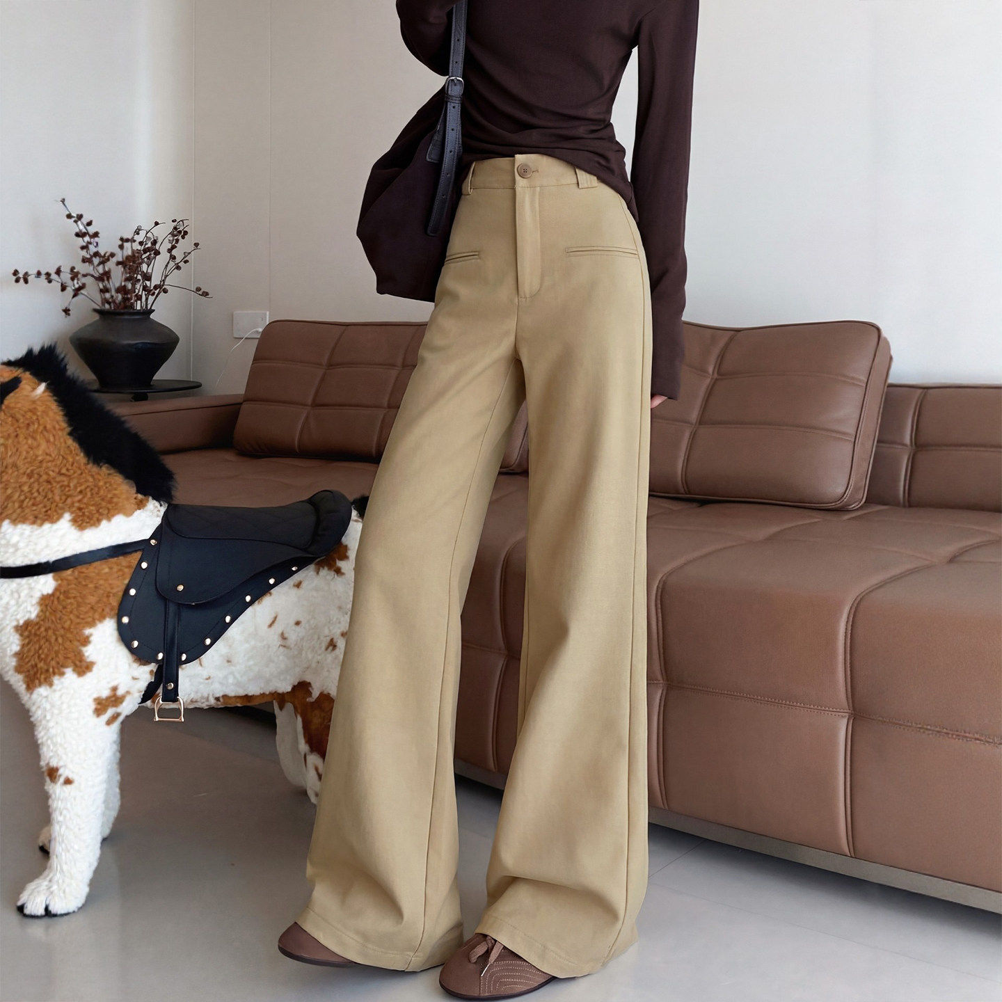 卡其色西装裤女2026新款春春高级感垂感小个子休闲直筒显瘦西装裤