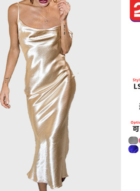 2025夏季欧美亚马逊新款连衣裙吊带低胸性感绑带派对简约长裙