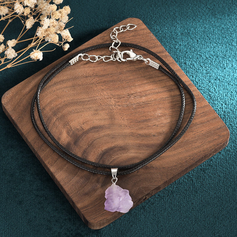 商超礼品天然紫不规则形状水晶原石吊坠项链女编织手绳款手办