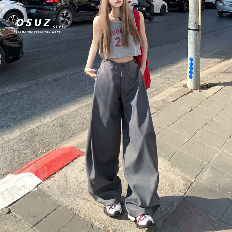 灰色高级垂感西装裤女秋季新款高智通勤风宽松休闲压褶直筒阔腿裤