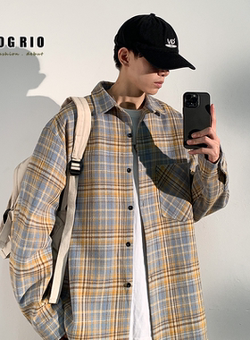 FOG RIO新款春秋季户外流苏格子长袖衬衫男款宽松休闲百搭衬衣