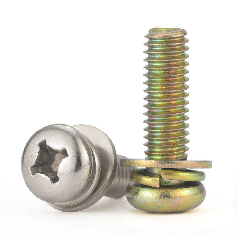 镀镍圆头三组合螺丝镀彩锌盘头十字带弹垫平垫螺钉M2.5M3M4M5M6