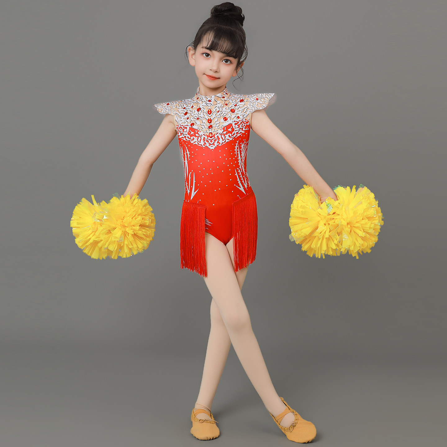 中国风儿童演出服女童啦啦队舞蹈竞技健美操连体比赛表演服装红色