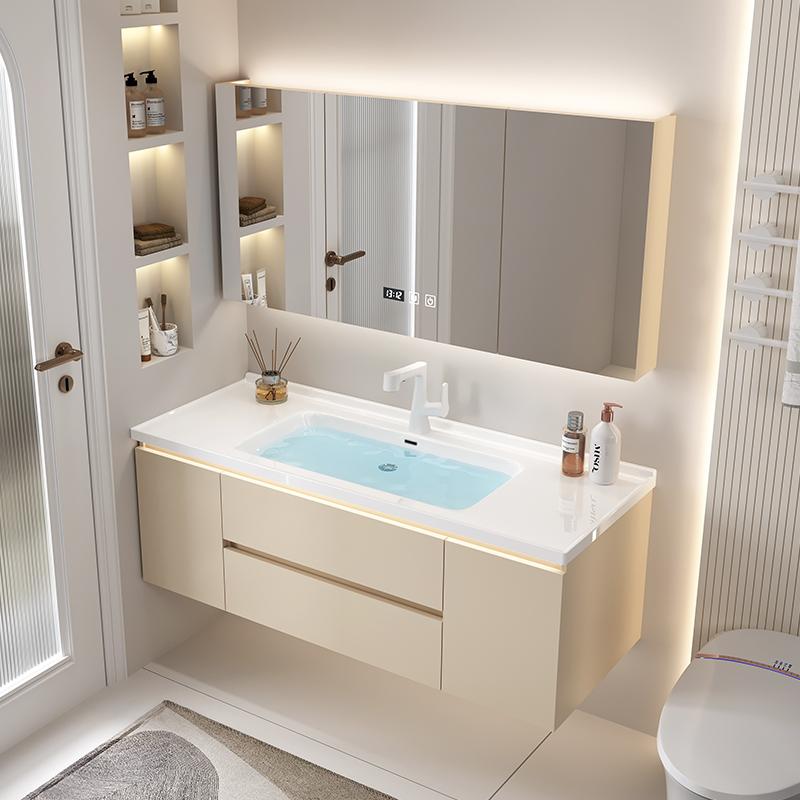 奶油风浴室柜组合陶瓷一体盆