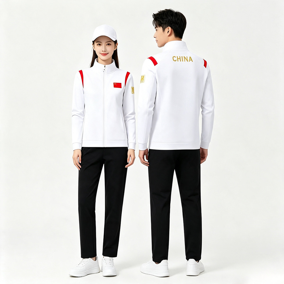 26新版运动服套装男女春秋立领开衫两件套吸湿排汗训练服白色队服