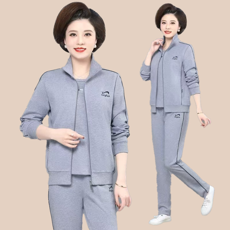新款妈妈春秋装运动服套装女装中老年拉链外套大码休闲三件套洋气
