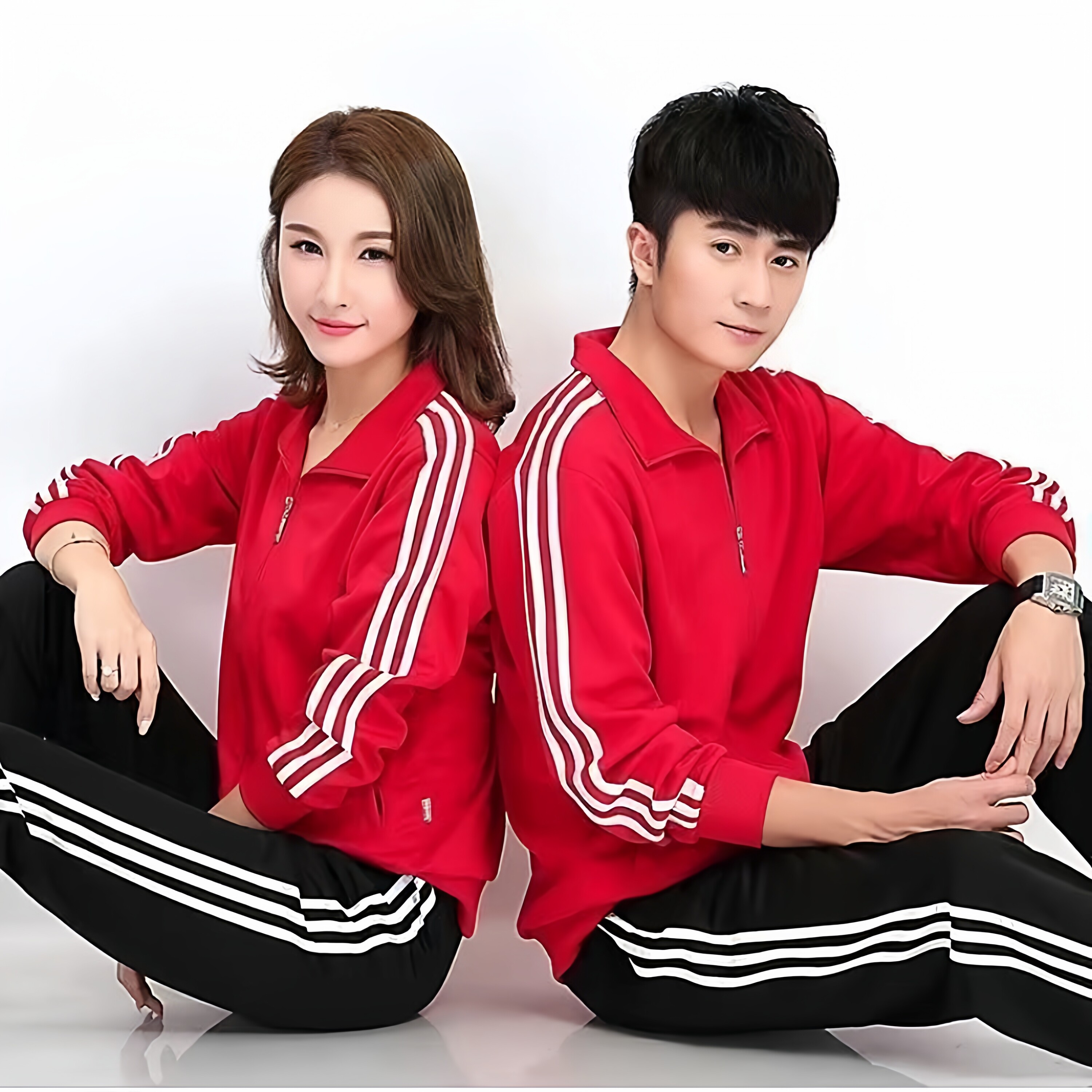 春季运动套装男女情侣两件套休闲广场舞健身操团体服红色开衫彩条