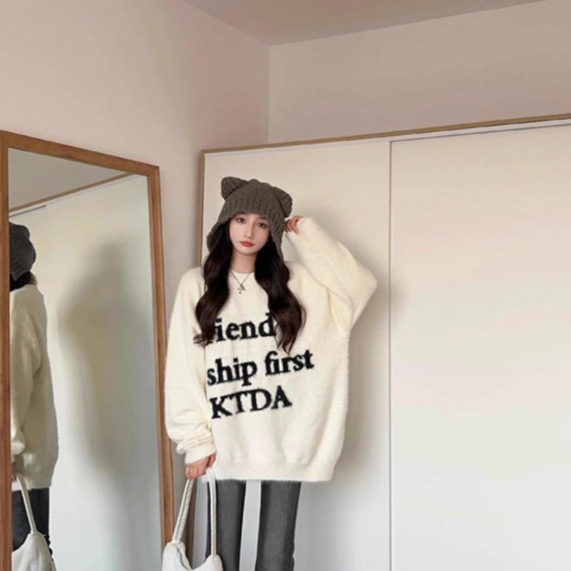 甜美温柔风软糯糯字母提花保暖毛衣女学生秋冬季宽松慵懒风针织衫