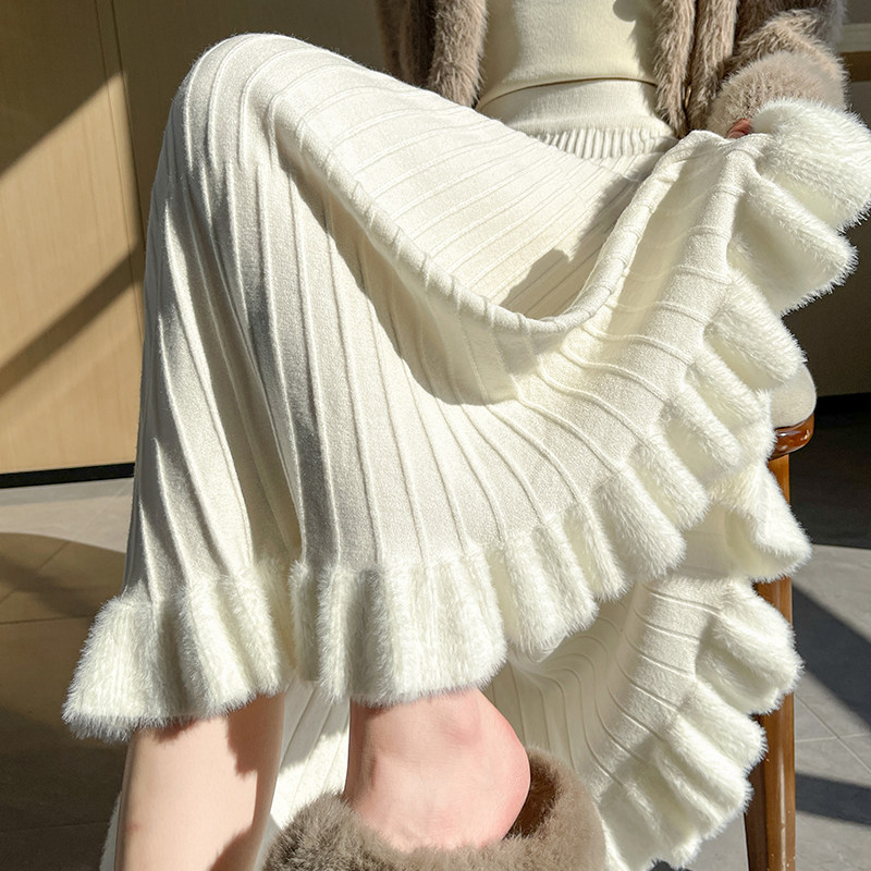 2025年新款秋冬季女装半身裙高腰针织大摆裙木耳边百褶A字裙