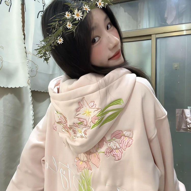 薄款/加绒原版刺绣彩色花卉刺绣连帽卫衣女秋冬拉链开衫外套