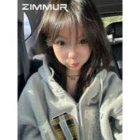 ZIMMUR100%純棉美式復古印花字母開衫外套女秋冬新款寬松潮牌衛(wèi)衣