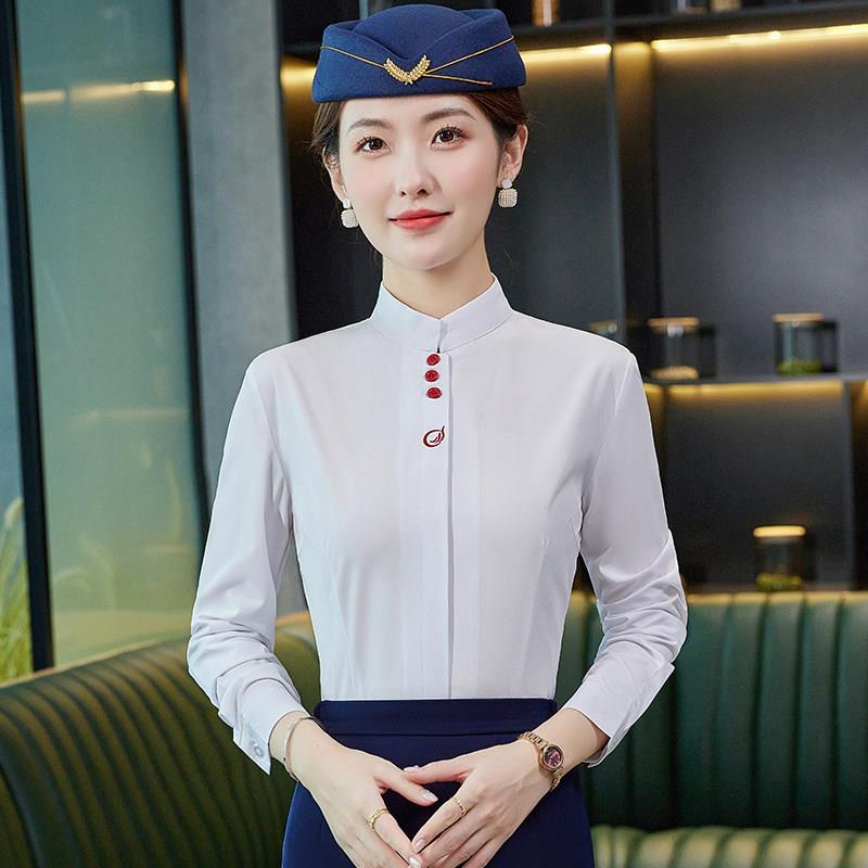 空姐制服职业套装女长袖衬衣秋季气质艺考服装空乘面试立领白衬衫