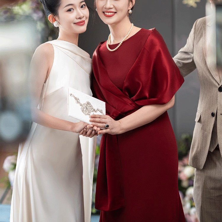 2025夏秋新款喜婆婆高端时尚轻奢酒红色鱼尾晚宴礼服连衣裙