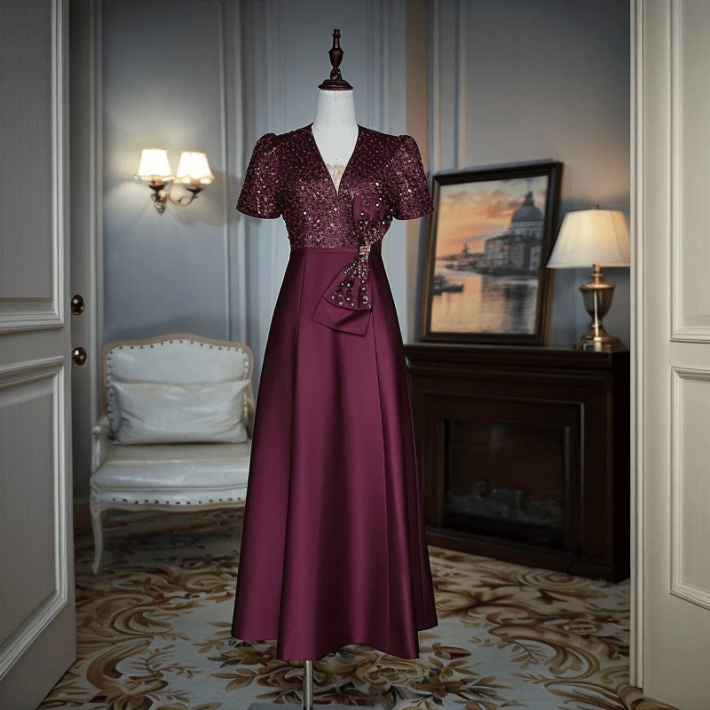 法式优雅v领订珠亮片丝缎收腰大摆蝴蝶结礼服婚宴酒红短袖连衣裙