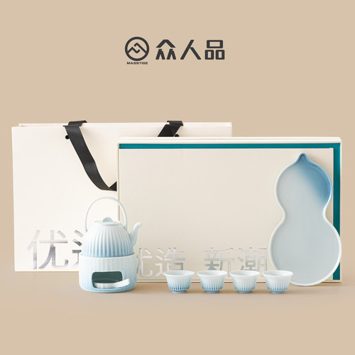 众人品白瓷功夫茶具套装家用办公室陶瓷提梁茶壶茶杯泡茶器礼盒装