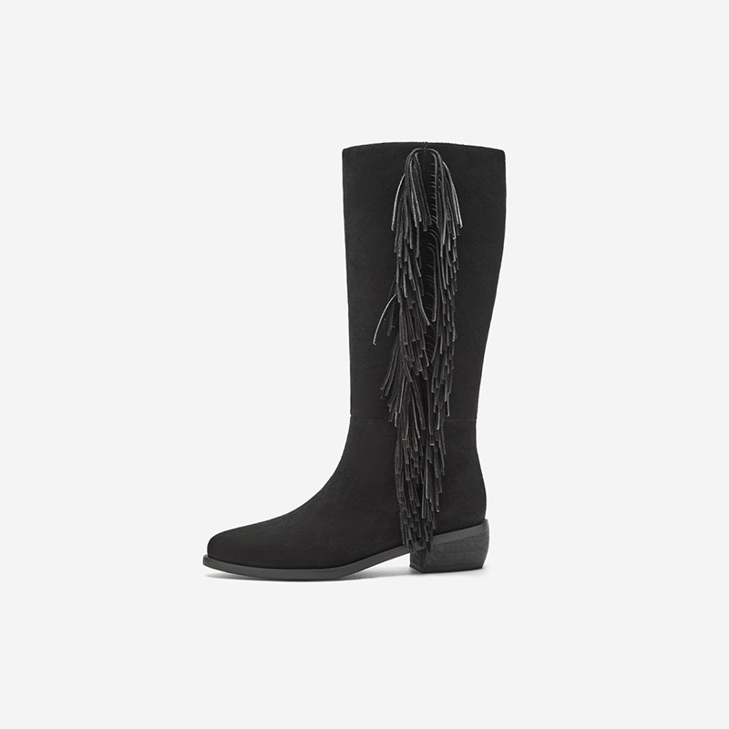 Nine West/玖熙冬季清仓款流苏时装靴女尖头绒里中跟长筒靴百搭女