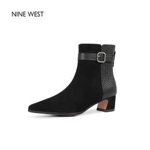 玖熙尖头粗跟时装 West Nine 靴通勤高跟马丁靴真皮短靴 清仓款