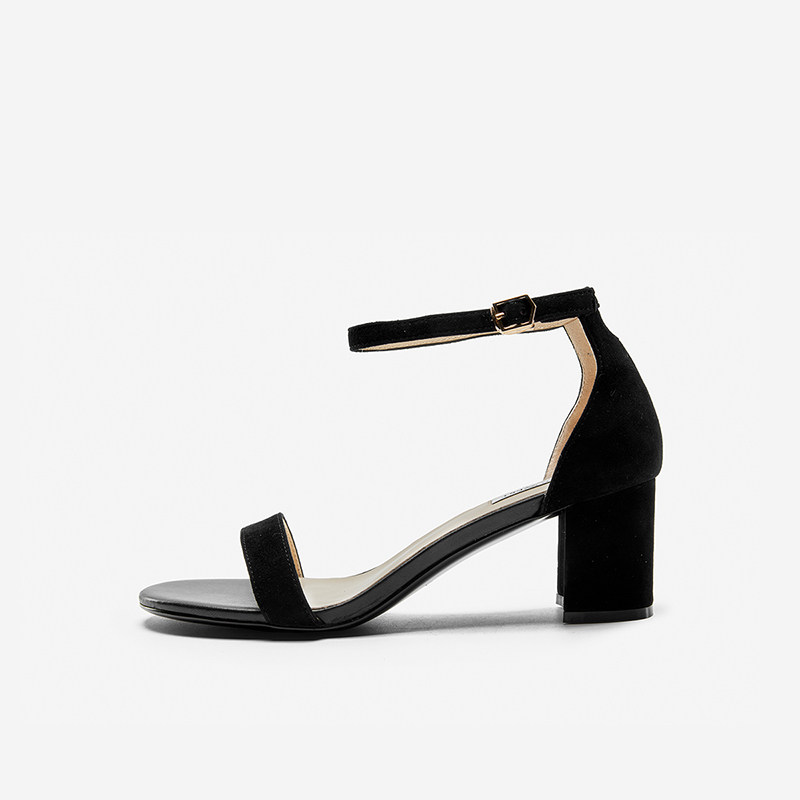 Nine West/玖熙2025年夏季新款一字带凉鞋女圆头绒面高跟粗跟凉鞋