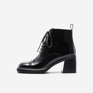 清仓款 Nine 冬季 玖熙女鞋 马丁靴圆头前系带粗高跟通勤短靴女 West