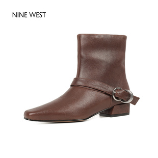 清仓款 靴复古短靴女鞋 Nine 玖熙方头粗跟气质时装 高级感 West