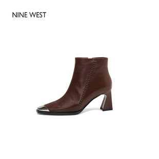 清仓款 靴短靴女鞋 Nine 玖熙方头粗跟通勤马丁靴时装 冬 West