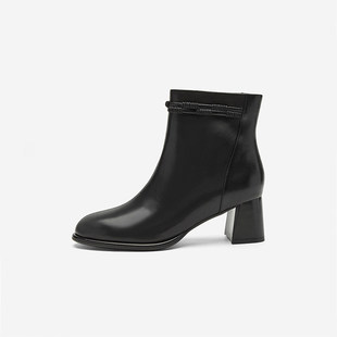 靴时尚 玖熙冬黑色羊皮革粗跟短靴女瘦瘦靴时装 百搭通勤 West Nine