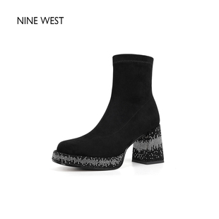 West Nine 玖熙粗跟厚底弹力瘦瘦靴水钻增高短靴女靴子 清仓款