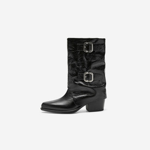 圆头粗跟时装 Nine 身腰带短靴骑士靴女冬季 玖熙黑色裤 靴通勤 West
