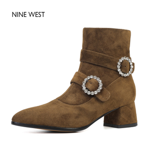 玖熙尖头粗跟瘦瘦靴马丁靴真皮短靴女鞋 West Nine 冬 清仓款