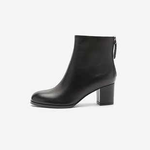 新款 玖熙冬季 加绒时装 靴圆头黑色优雅粗跟短靴时尚 Nine 女鞋 West