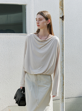 NON RESTRAIN设计感下摆抽绳收腰长袖T恤女慵懒感荡领针织打底衫