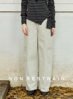 NON RESTRAIN解构分割口袋休闲长裤女高腰宽松阔腿水洗弯刀牛仔裤