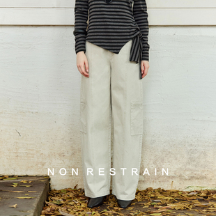 女高腰宽松阔腿水洗弯刀牛仔裤 NON RESTRAIN解构分割口袋休闲长裤