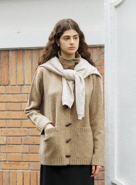 NON RESTRAIN慵懒宽松翻领针织开衫女羊毛混纺牛角扣立领毛衣外套