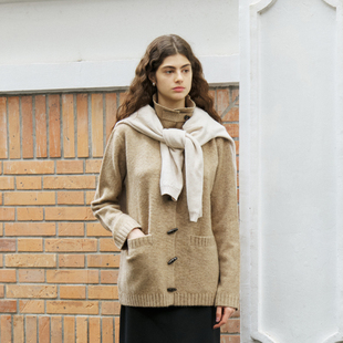 NON 女羊毛混纺牛角扣立领毛衣外套 RESTRAIN慵懒宽松翻领针织开衫