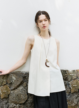 NON RESTRAIN莱赛尔天丝无袖背心衬衫女简约高级压褶宽松圆领衬衣