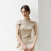 RESTRAIN高级感法式 荷叶边斜肩T恤女2025夏季 气质修身 NON 针织衫