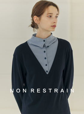 NON RESTRAIN假两件拼接撞色纽扣立领长袖T恤女宽松气质打底上衣